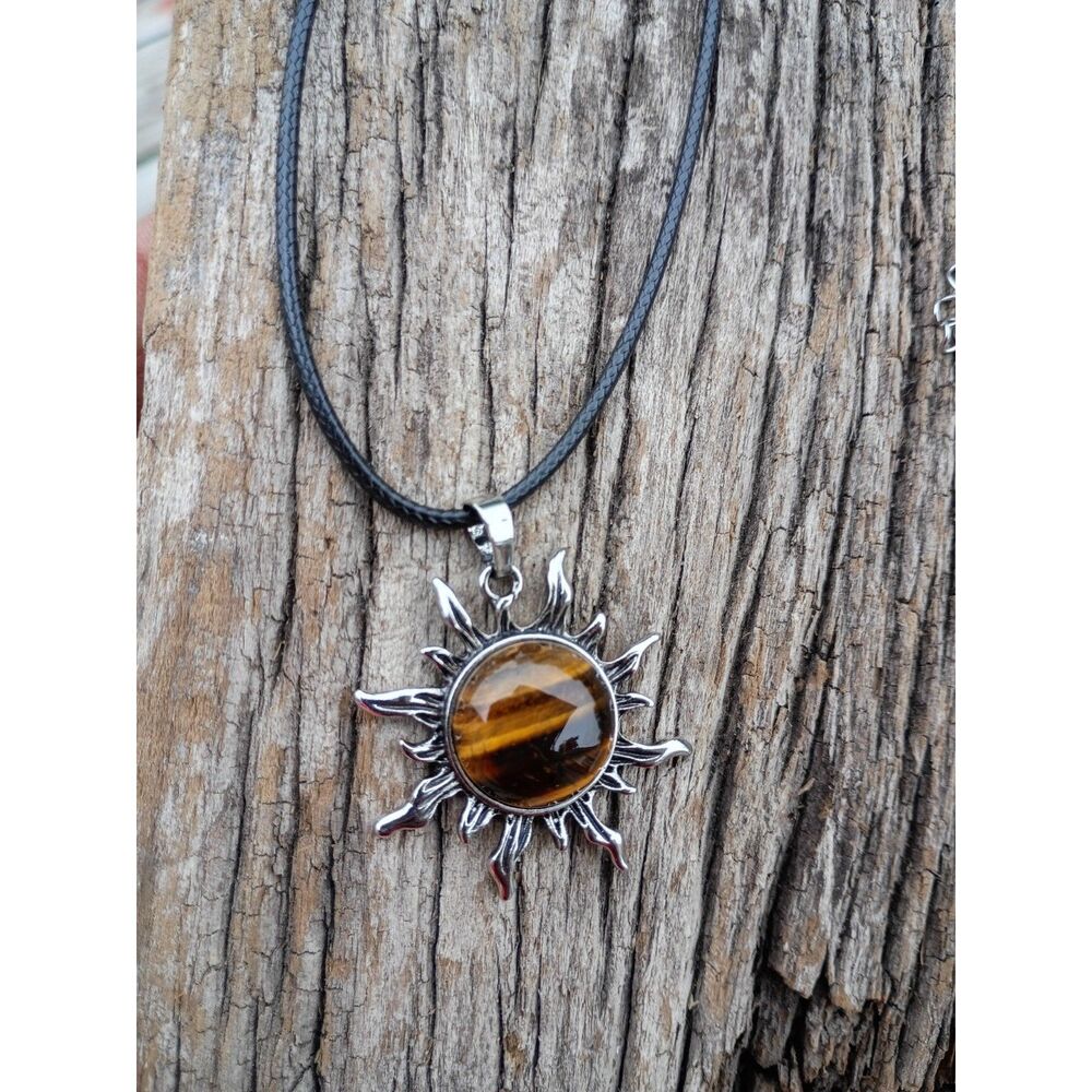 Tiger Eye Gemstone Sun Star Protection Necklace 22" Nylon Black Heavy
